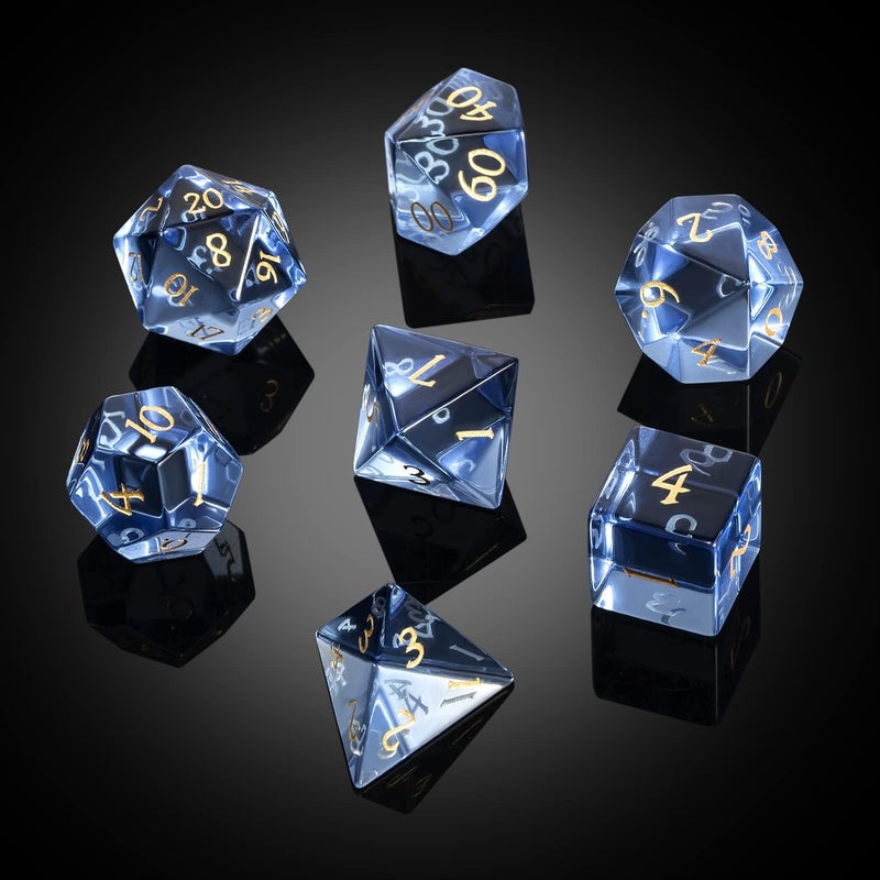 DNDND Glass DND Dice Set 7 Piece Zircon Dice with Great Gift Box for D&D Dungeons and Dragon Tabletop Game (Blue Glass with Gold Num) - Image 2